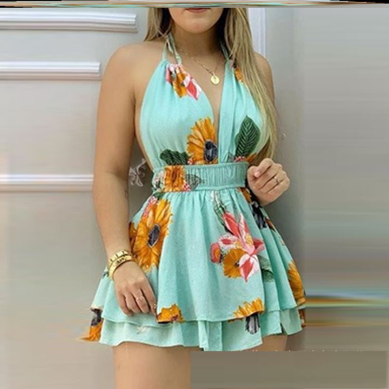 Women Blue Printed Suspender Jumpsuit – Himmelblau, Bedruckt